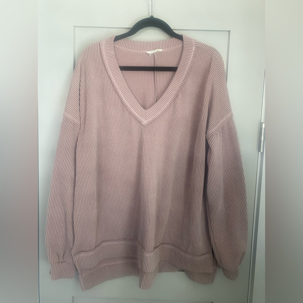 Mauve Ribbed. Long Sleeve V Neck Top